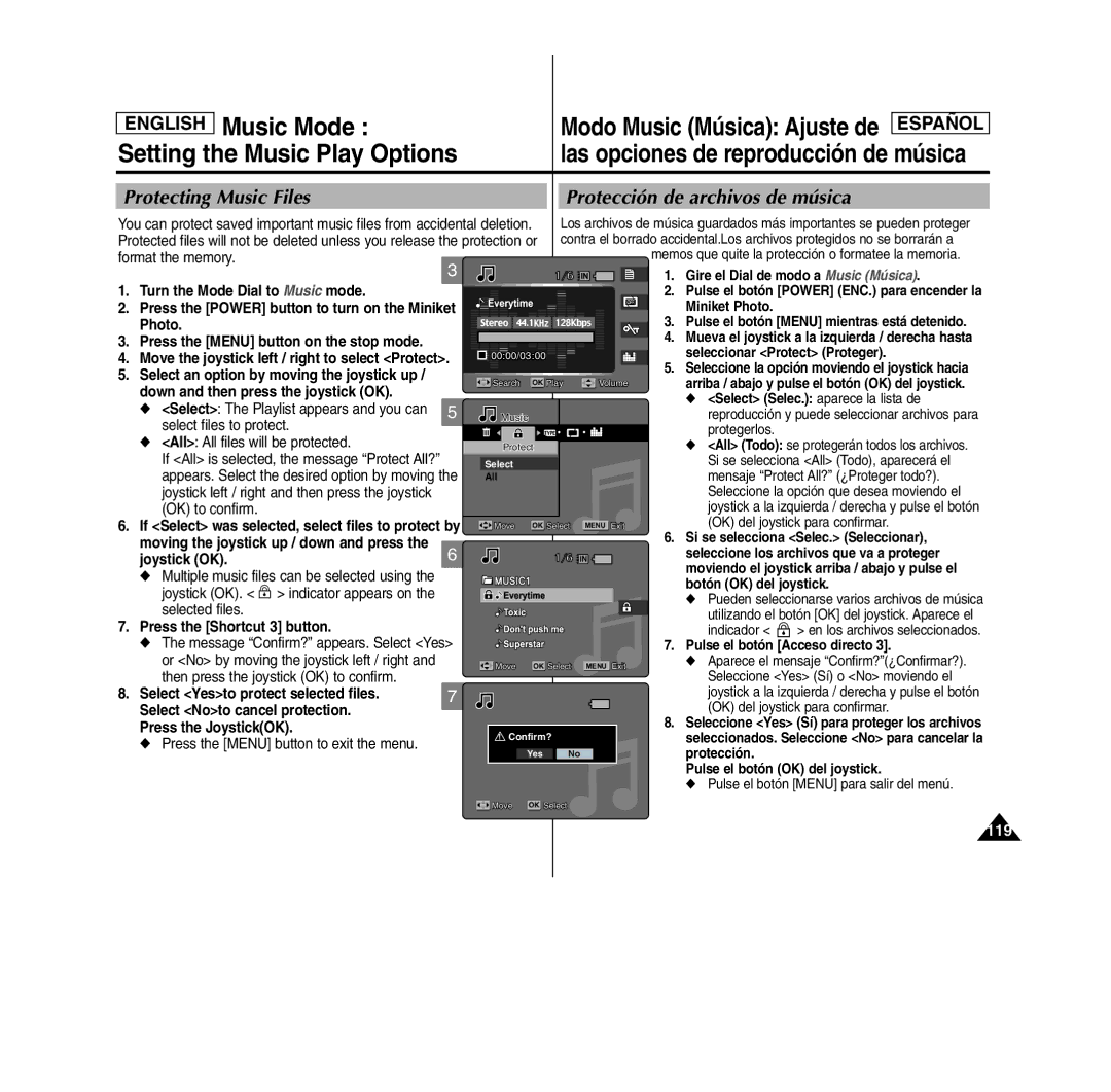 Samsung MS15(S/BL/R) English Music Mode, Protecting Music Files Protección de archivos de música, Press the JoystickOK 