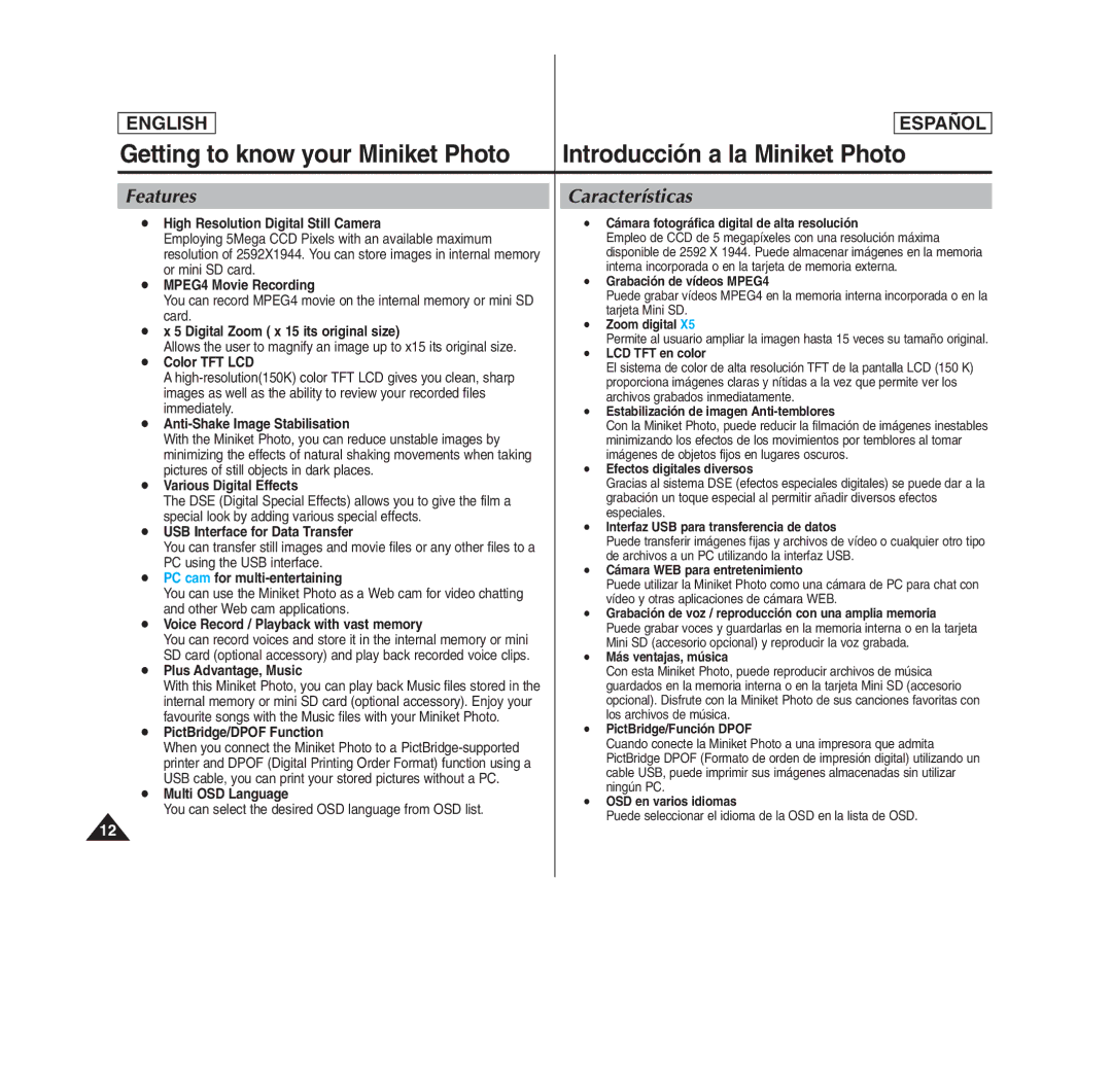 Samsung SC- MS10(S/BL/R) Getting to know your Miniket Photo, Introducción a la Miniket Photo, Features, Características 