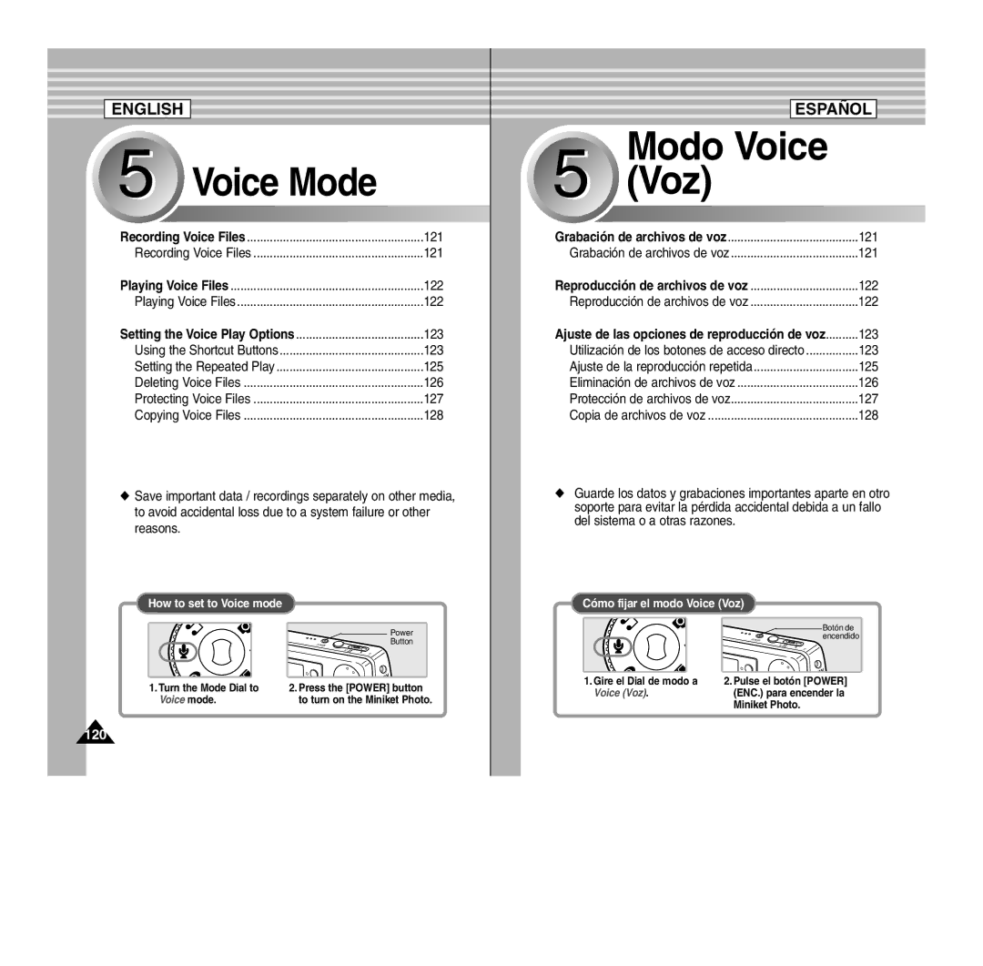 Samsung SC- MS10(S/BL/R), MS11(S/BL/R), MS15(S/BL/R) manual Modo Voice Voz 