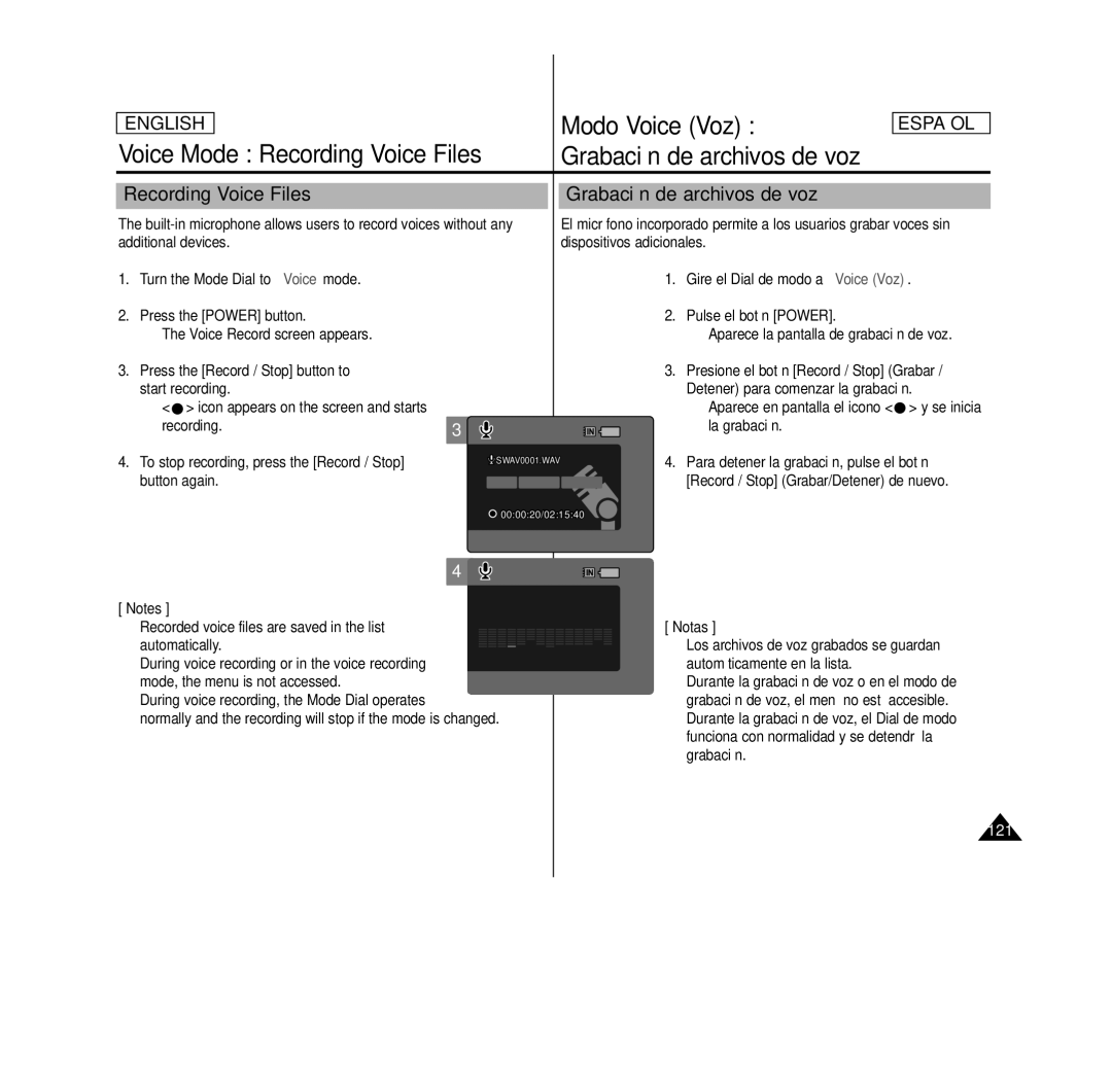 Samsung MS11(S/BL/R), SC- MS10(S/BL/R) manual Modo Voice Voz, Voice Mode Recording Voice Files, Grabación de archivos de voz 