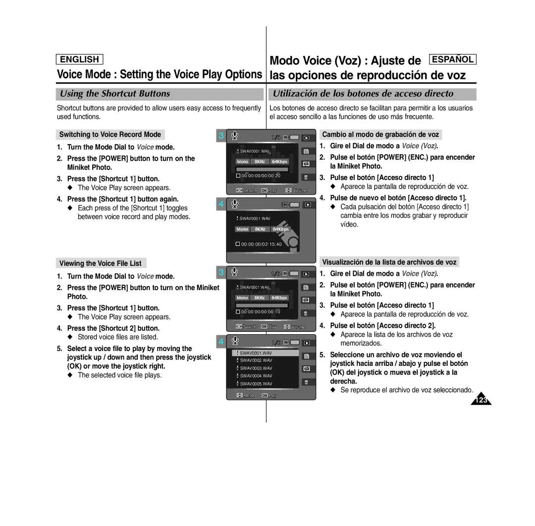 Samsung SC- MS10(S/BL/R), MS11(S/BL/R), MS15(S/BL/R) manual Modo Voice Voz Ajuste de, Las opciones de reproducción de voz 