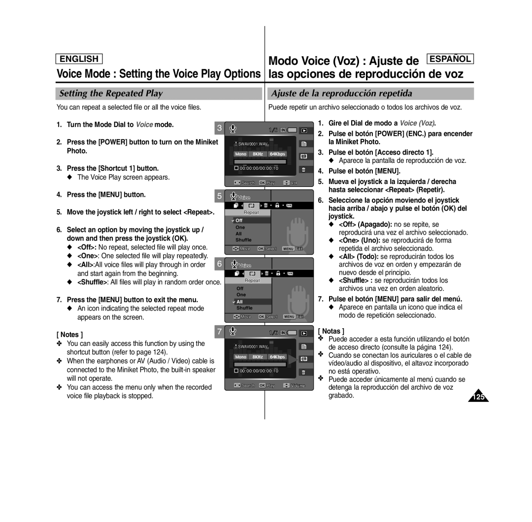 Samsung MS15(S/BL/R), SC- MS10(S/BL/R) manual Setting the Repeated Play Ajuste de la reproducción repetida, Grabado.125 