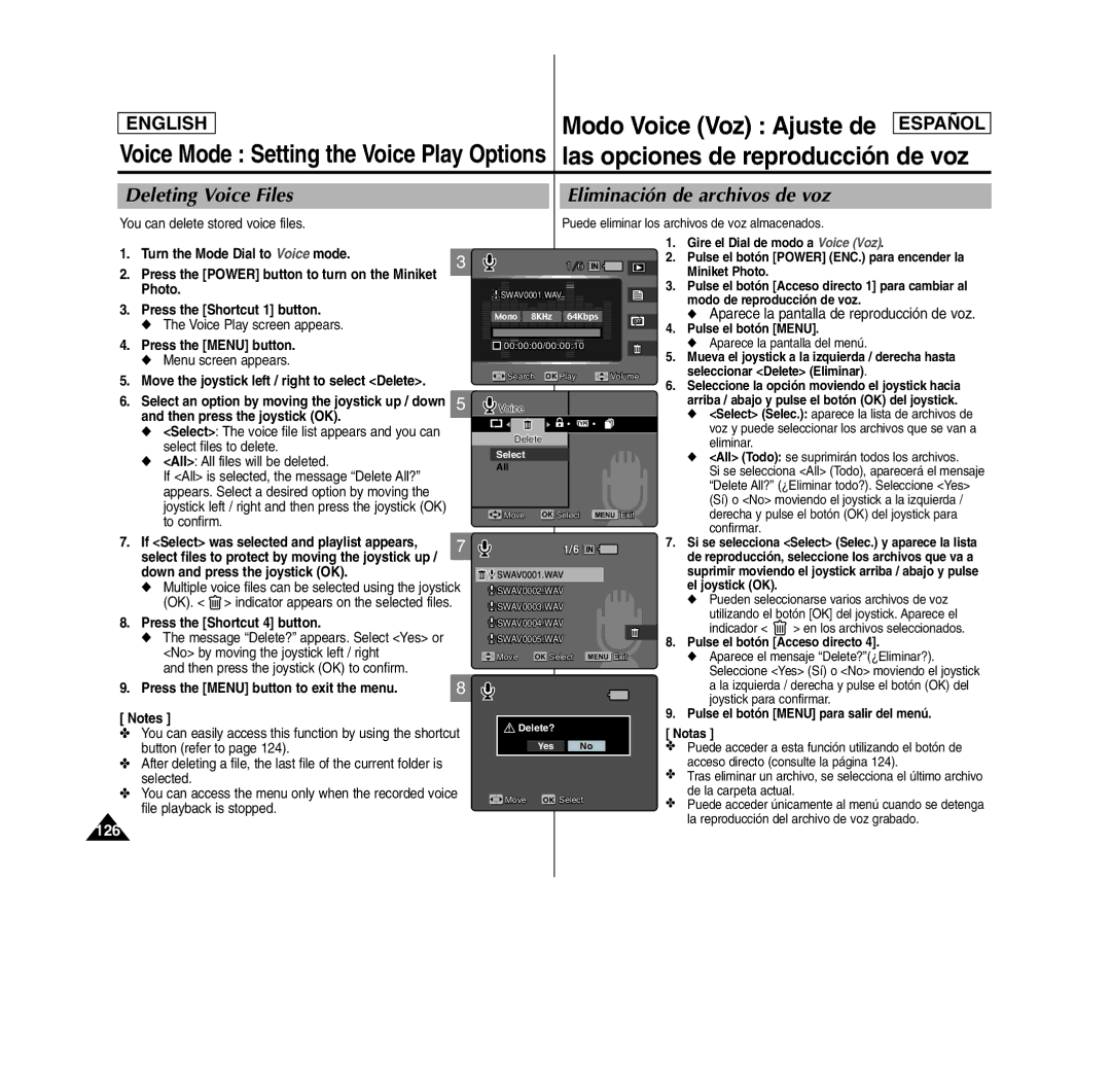 Samsung SC- MS10(S/BL/R), MS11(S/BL/R) Deleting Voice Files Eliminación de archivos de voz, Press the Shortcut 4 button 