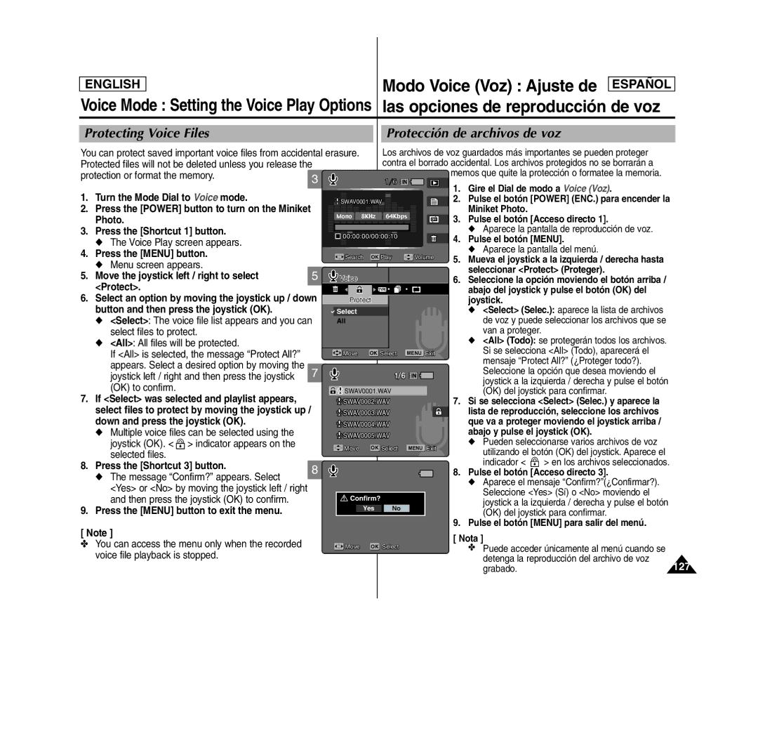 Samsung MS11(S/BL/R), SC- MS10(S/BL/R), MS15(S/BL/R) Modo Voice Voz Ajuste de, Voice Mode Setting the Voice Play Options 