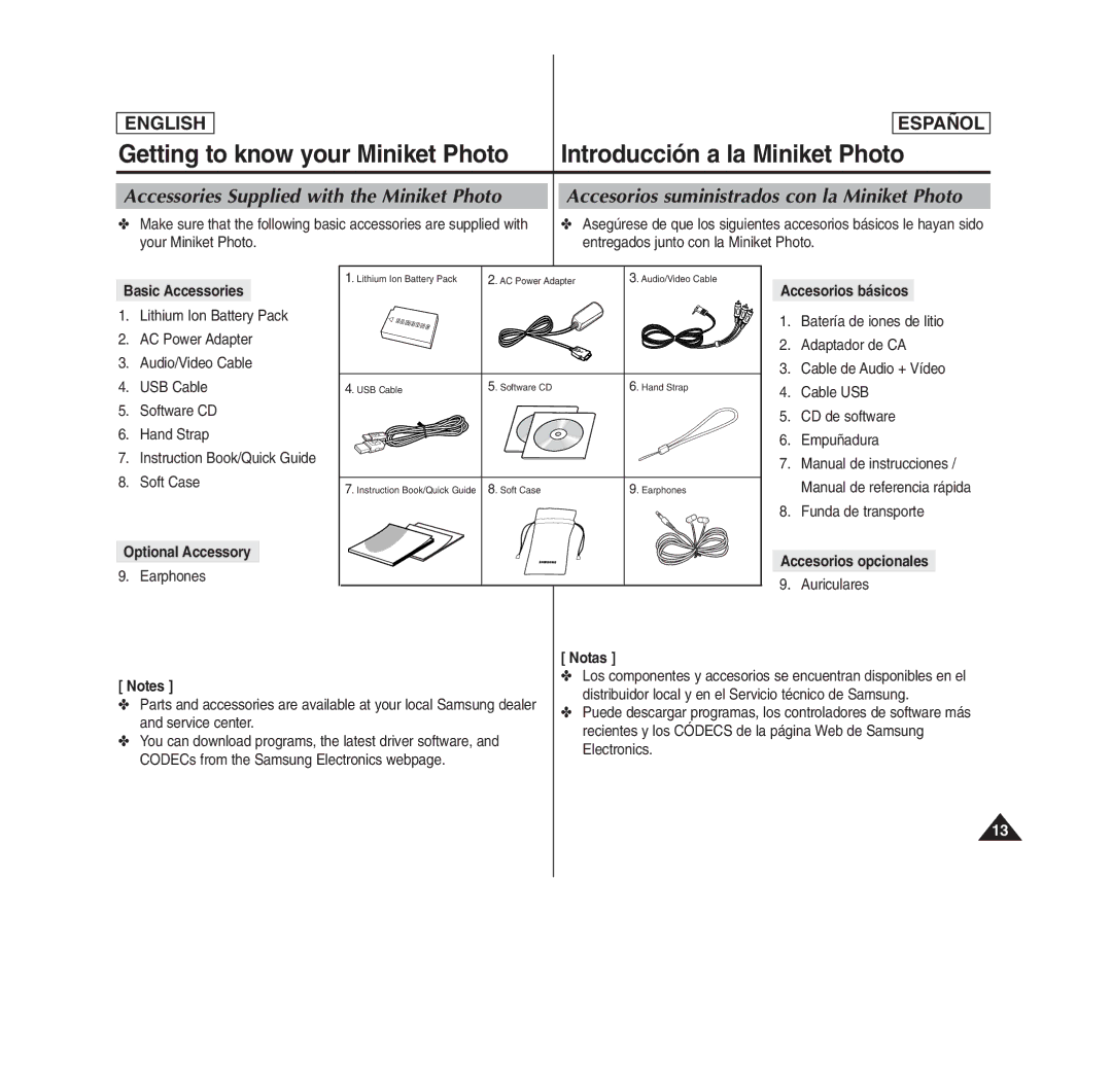 Samsung MS11(S/BL/R) manual Accessories Supplied with the Miniket Photo, Basic Accessories, Accesorios básicos, Notas 