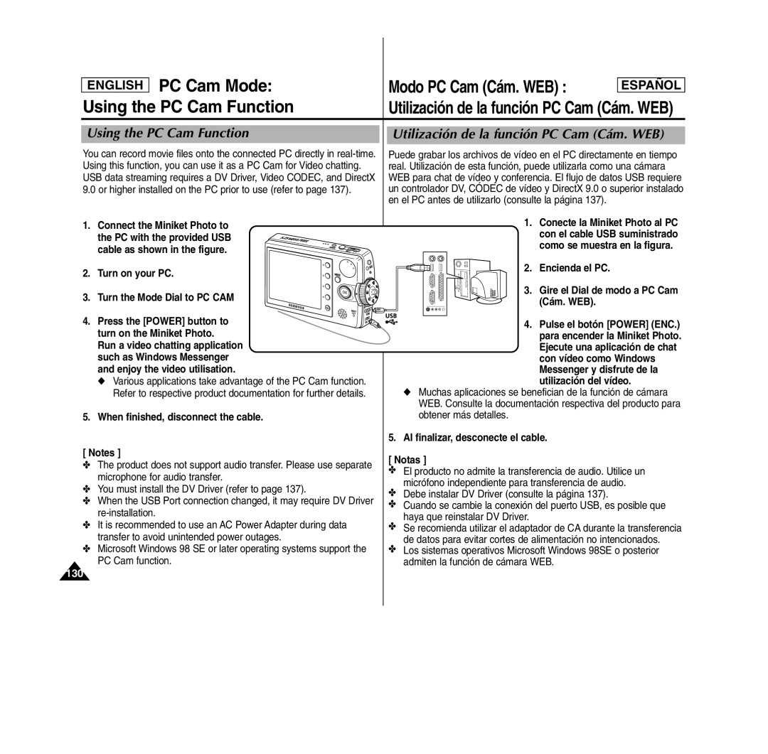 Samsung MS11(S/BL/R), SC- MS10(S/BL/R) PC Cam Mode, Using the PC Cam Function, Utilización de la función PC Cam Cám. WEB 