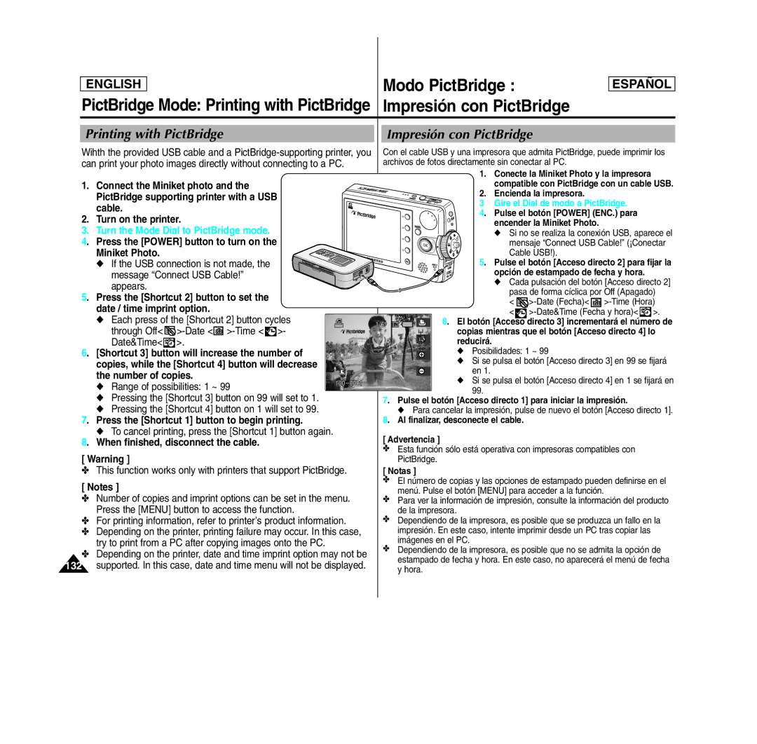 Samsung SC- MS10(S/BL/R), MS11(S/BL/R), MS15(S/BL/R) Modo PictBridge, Printing with PictBridge, Impresión con PictBridge 