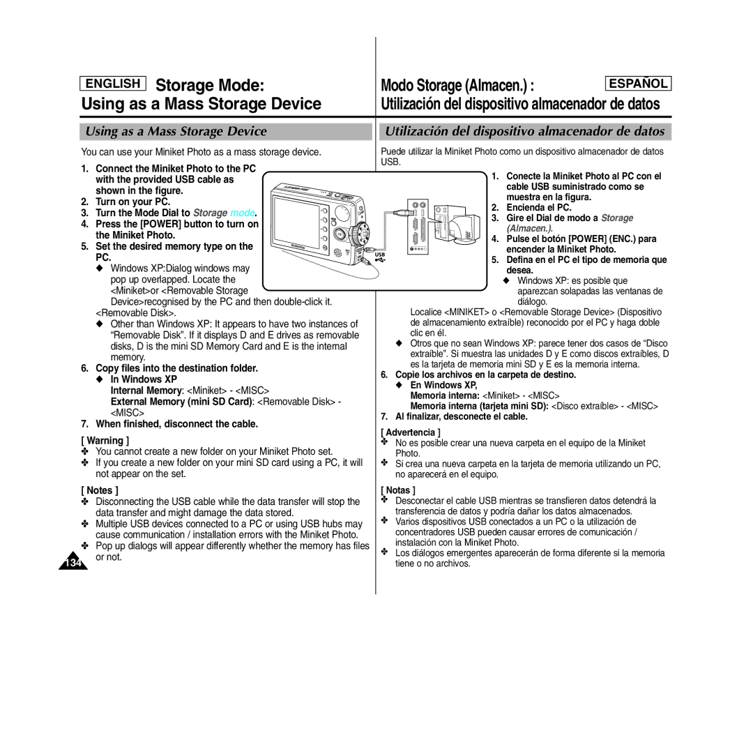 Samsung MS15(S/BL/R) manual Storage Mode, Using as a Mass Storage Device, Utilización del dispositivo almacenador de datos 