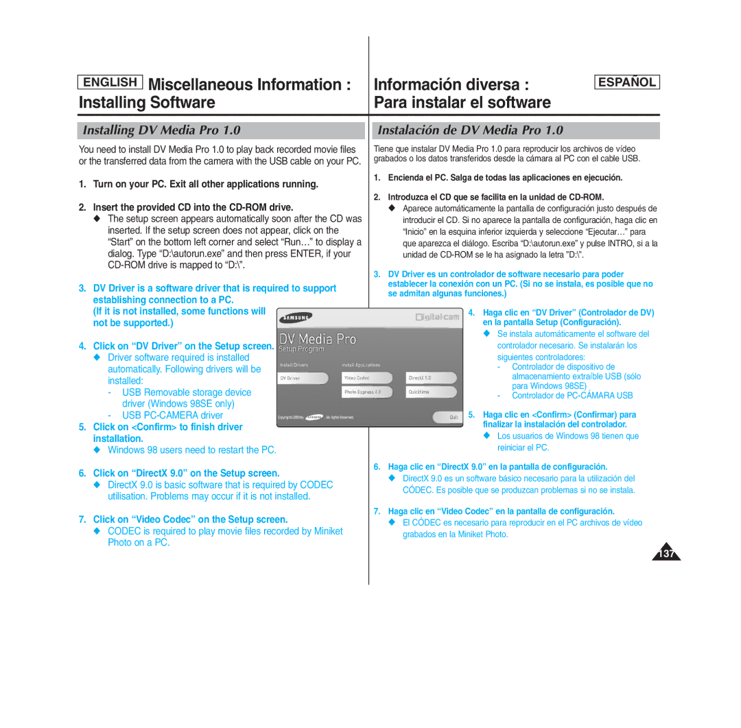 Samsung MS15(S/BL/R), SC- MS10(S/BL/R) Para instalar el software, Installing DV Media Pro, Instalación de DV Media Pro 