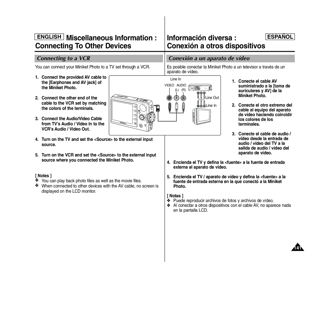 Samsung SC- MS10(S/BL/R), MS11(S/BL/R), MS15(S/BL/R) manual Connecting to a VCR, Conexión a un aparato de vídeo, Source 