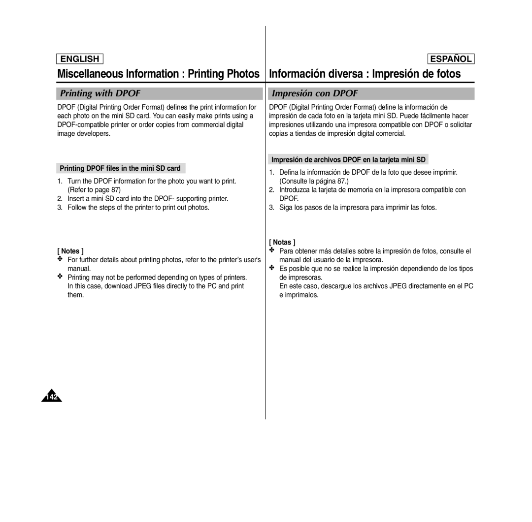 Samsung MS11(S/BL/R), SC- MS10(S/BL/R) manual Printing with Dpof Impresión con Dpof, Printing Dpof files in the mini SD card 