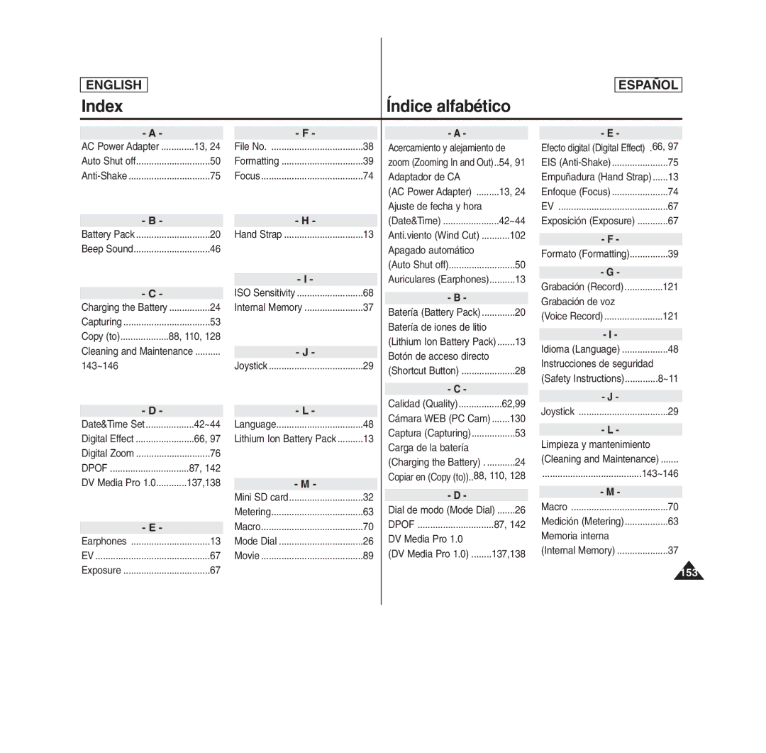 Samsung SC- MS10(S/BL/R), MS11(S/BL/R), MS15(S/BL/R) manual Index, Índice alfabético 