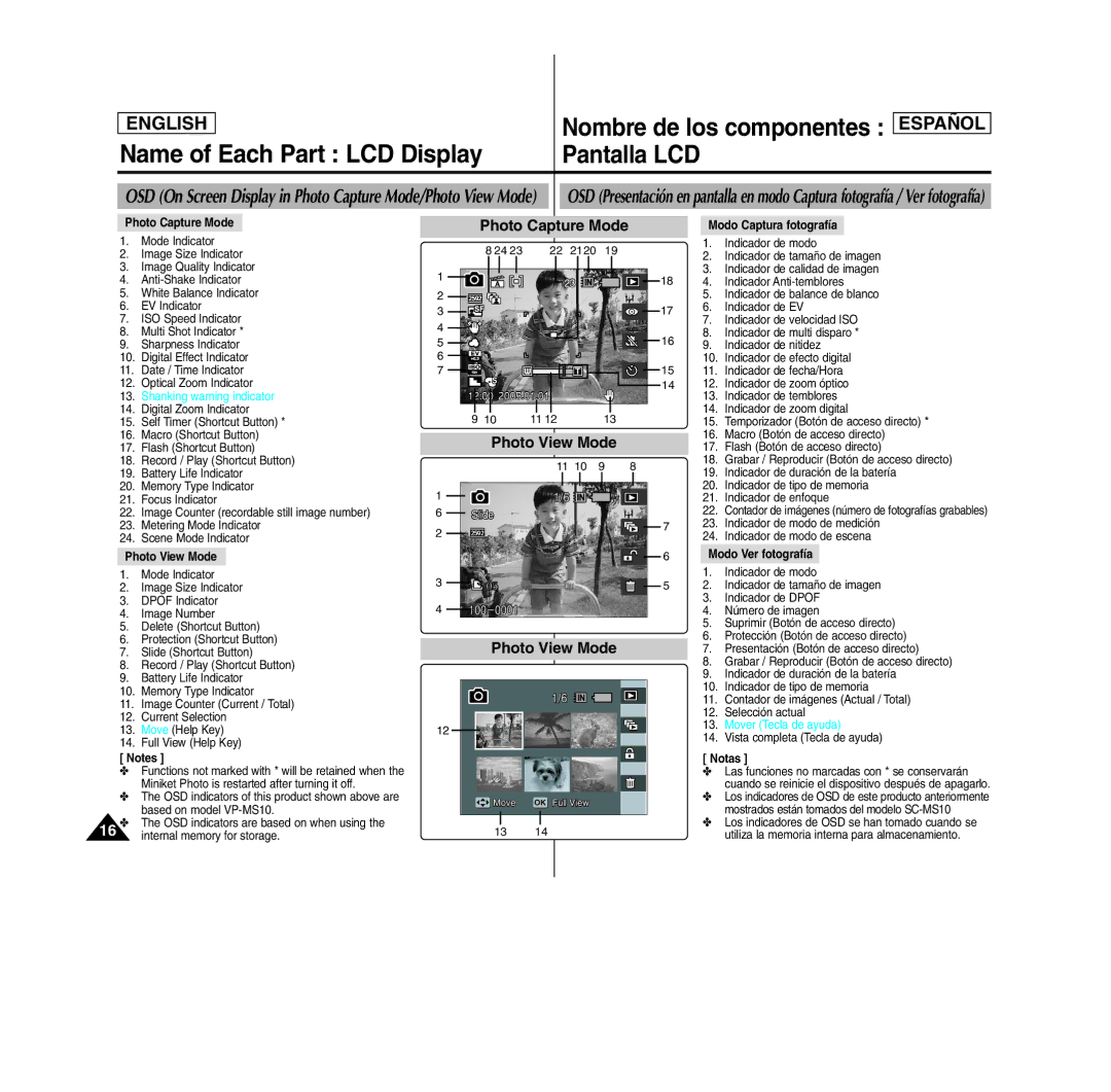 Samsung MS11(S/BL/R), SC- MS10(S/BL/R) manual Name of Each Part LCD Display, Nombre de los componentes, Photo Capture Mode 