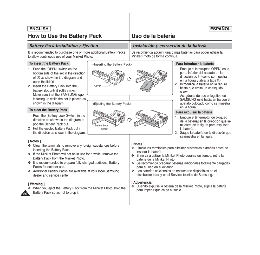 Samsung MS15(S/BL/R), MS11(S/BL/R) How to Use the Battery Pack, Uso de la batería, Battery Pack Installation / Ejection 