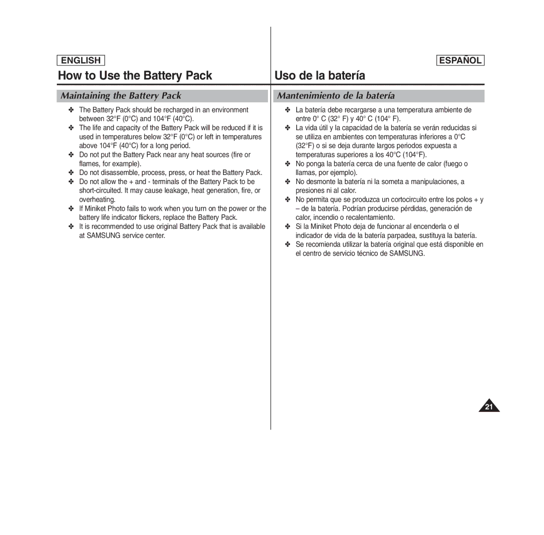 Samsung SC- MS10(S/BL/R), MS11(S/BL/R), MS15(S/BL/R) manual Maintaining the Battery Pack, Mantenimiento de la batería 