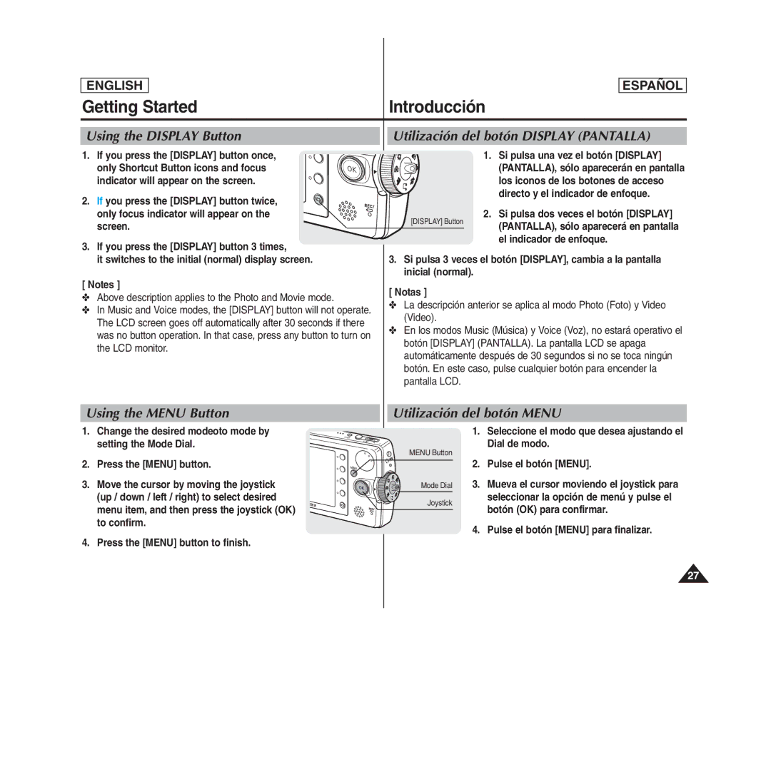 Samsung SC- MS10(S/BL/R), MS11(S/BL/R), MS15(S/BL/R) manual Using the Display Button, Utilización del botón Display Pantalla 