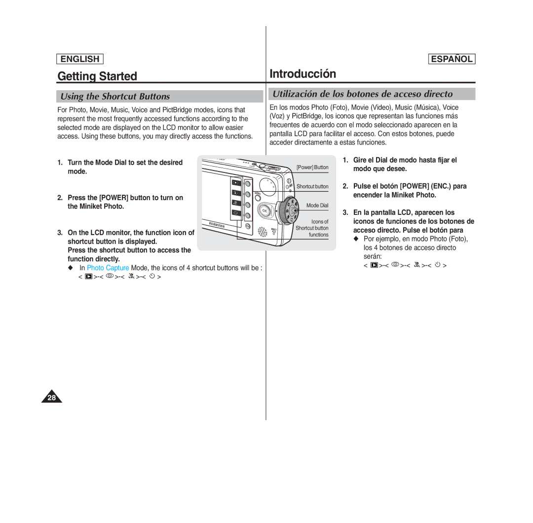 Samsung MS11(S/BL/R) manual Using the Shortcut Buttons, Utilización de los botones de acceso directo, Modo que desee 