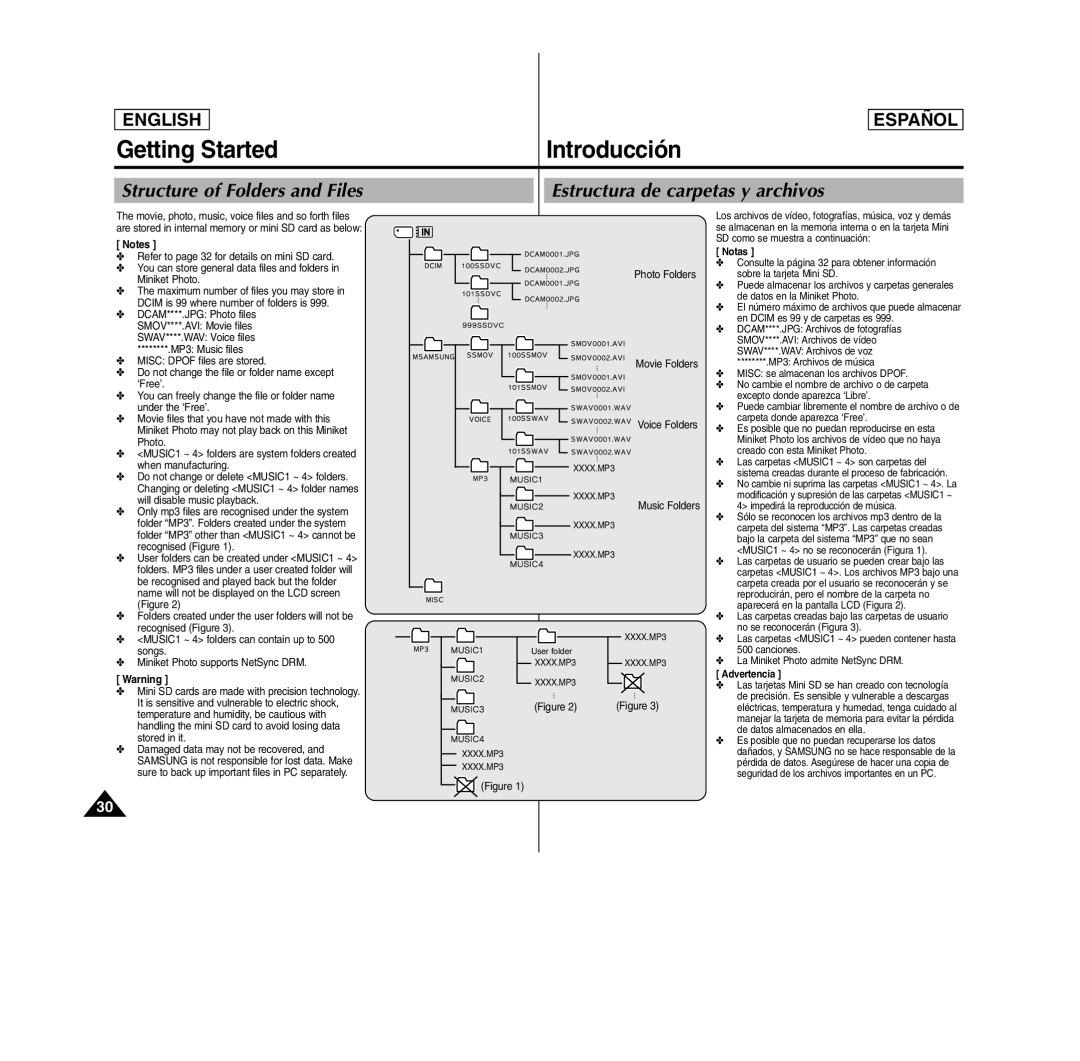 Samsung SC- MS10(S/BL/R), MS11(S/BL/R), MS15(S/BL/R) manual Structure of Folders and Files, Estructura de carpetas y archivos 