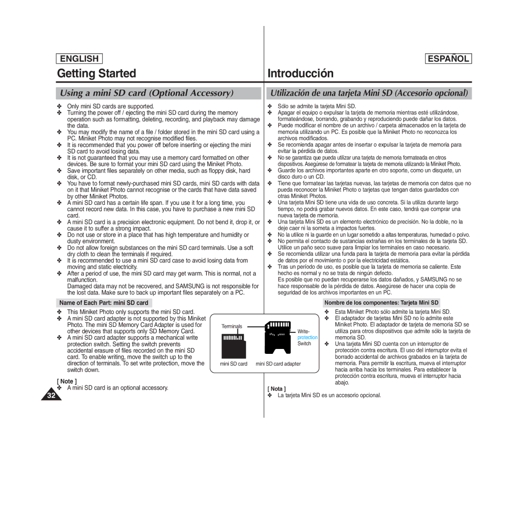 Samsung MS15(S/BL/R), SC- MS10(S/BL/R) manual Using a mini SD card Optional Accessory, Name of Each Part mini SD card 