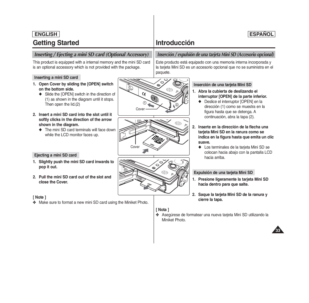 Samsung SC- MS10(S/BL/R), MS11(S/BL/R) Inserting / Ejecting a mini SD card Optional Accessory, Inserting a mini SD card 