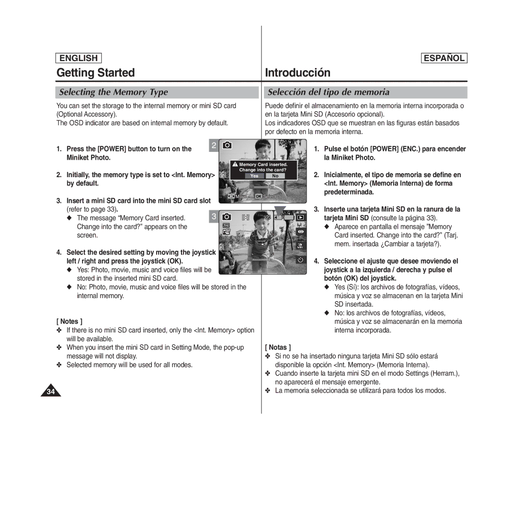 Samsung MS11(S/BL/R), SC- MS10(S/BL/R), MS15(S/BL/R) manual Selecting the Memory Type, Selección del tipo de memoria 