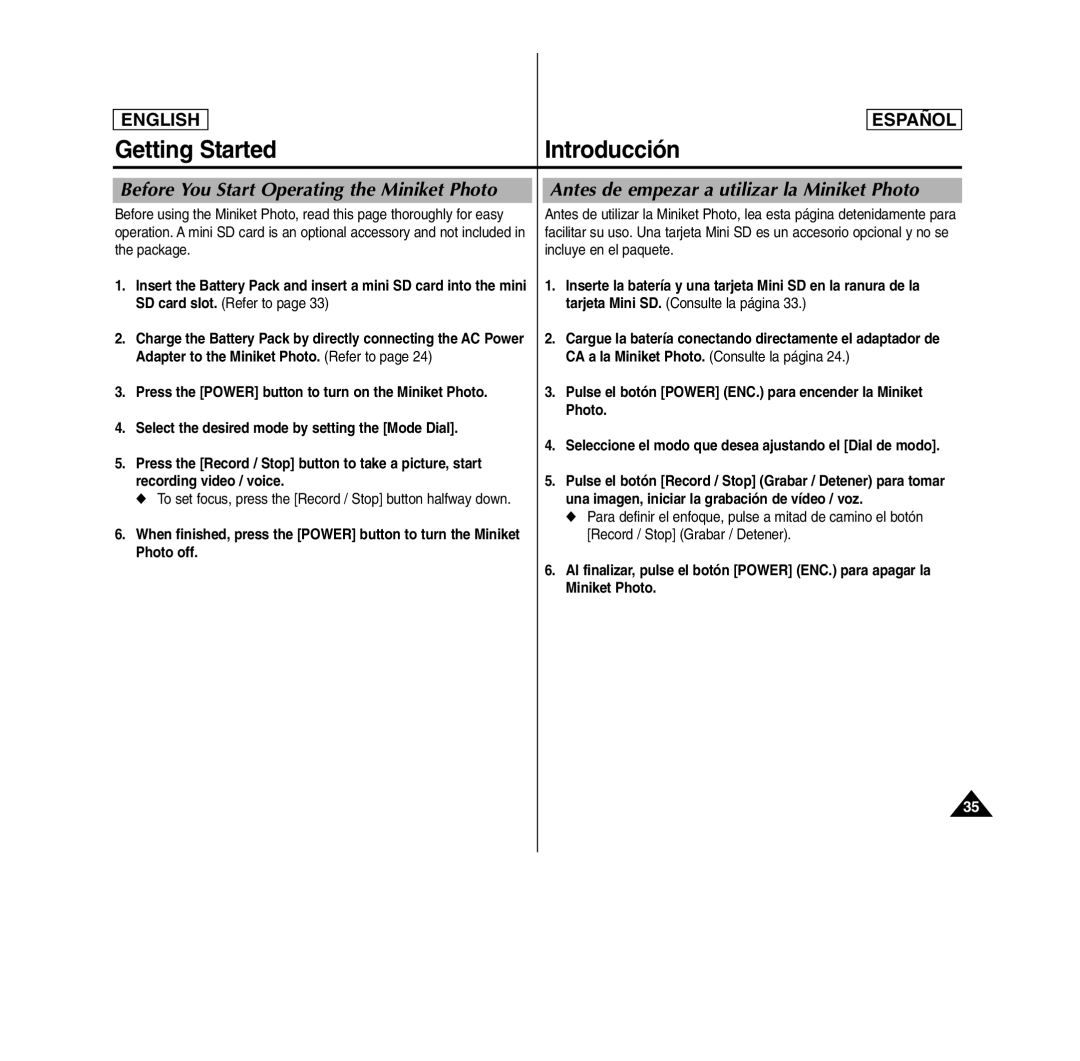 Samsung MS15(S/BL/R), SC- MS10(S/BL/R), MS11(S/BL/R) manual Getting Started Introducción 