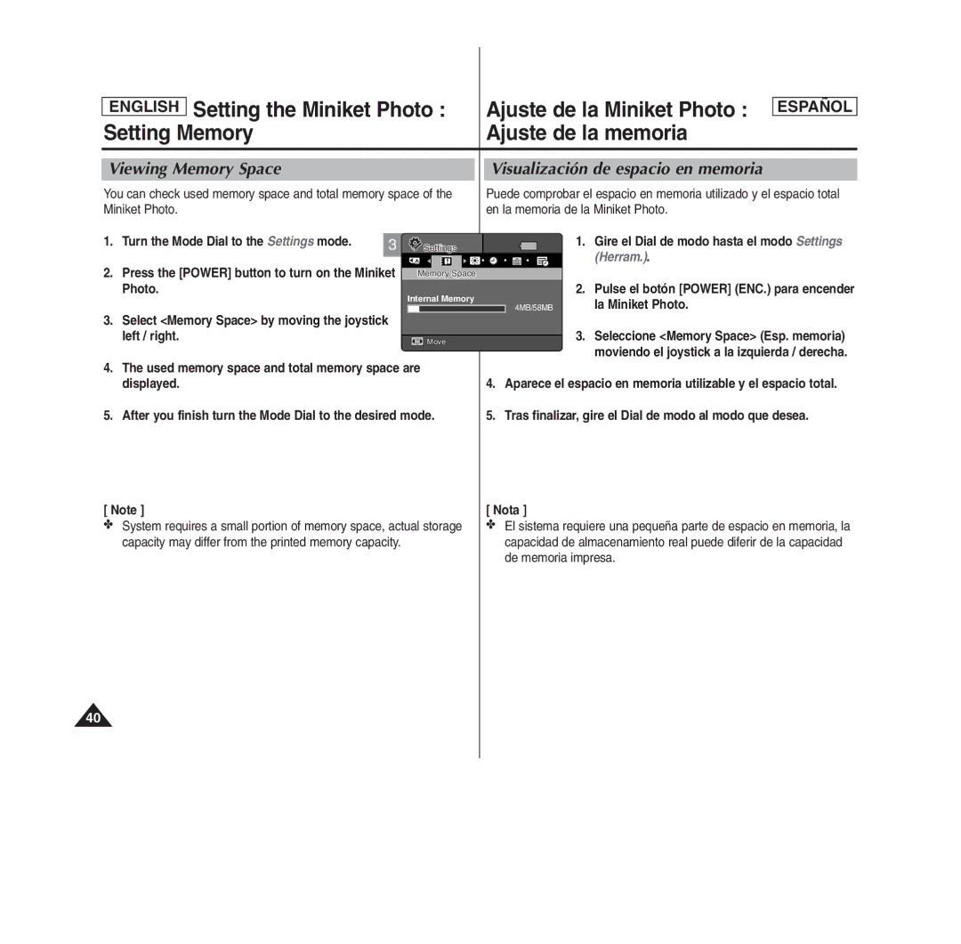 Samsung MS11(S/BL/R), SC- MS10(S/BL/R) manual Viewing Memory Space, Visualización de espacio en memoria, Left / right 