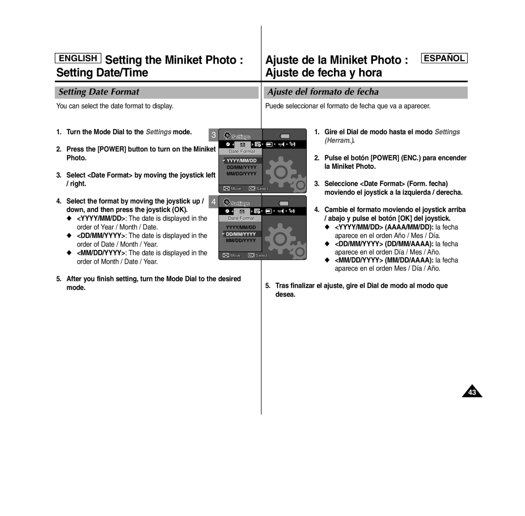 Samsung MS11(S/BL/R), SC- MS10(S/BL/R), MS15(S/BL/R) manual Setting Date Format, Ajuste del formato de fecha 