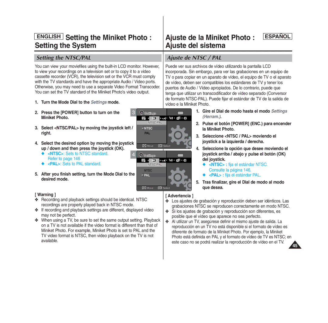 Samsung SC- MS10(S/BL/R), MS11(S/BL/R), MS15(S/BL/R) manual Setting the System Ajuste del sistema, Setting the NTSC/PAL 