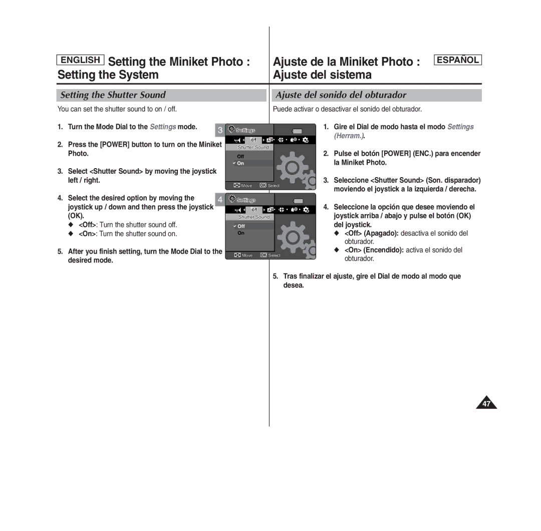 Samsung MS15(S/BL/R), SC- MS10(S/BL/R), MS11(S/BL/R) manual Setting the Shutter Sound Ajuste del sonido del obturador 