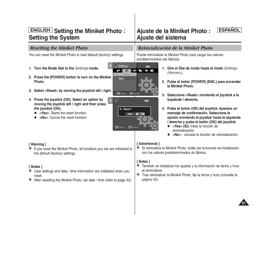 Samsung SC- MS10(S/BL/R) Predeterminados de fábrica, Izquierda / derecha, Joystick OK, No Cancel the reset function, Reset 