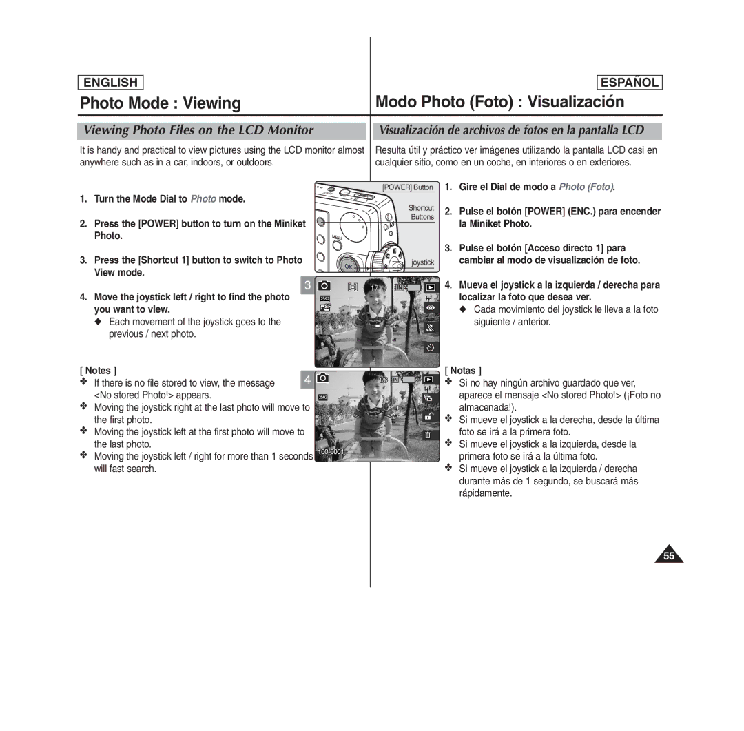 Samsung MS11(S/BL/R) manual Photo Mode Viewing Modo Photo Foto Visualización, Viewing Photo Files on the LCD Monitor 