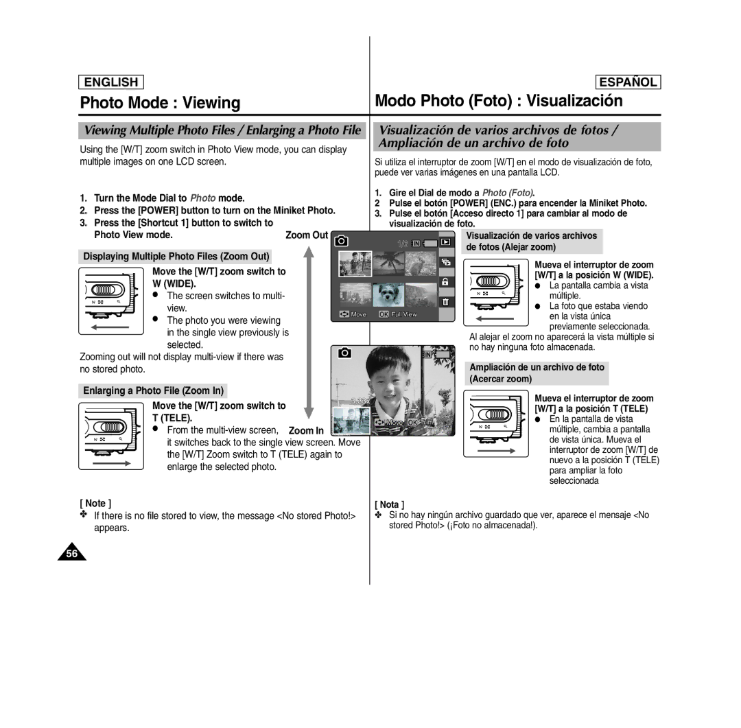 Samsung MS15(S/BL/R), SC- MS10(S/BL/R), MS11(S/BL/R) manual Photo Mode Viewing, Modo Photo Foto Visualización 