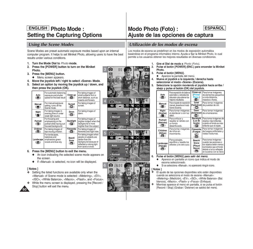 Samsung SC- MS10(S/BL/R), MS11(S/BL/R), MS15(S/BL/R) manual Using the Scene Modes Utilización de los modos de escena 