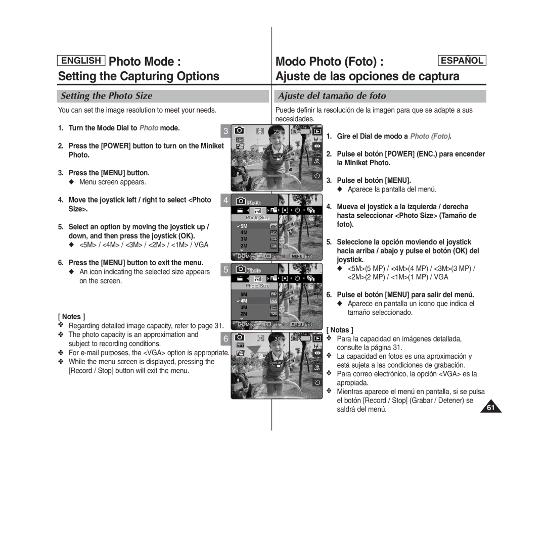 Samsung MS11(S/BL/R) Setting the Photo Size Ajuste del tamaño de foto, Move the joystick left / right to select Photo Size 