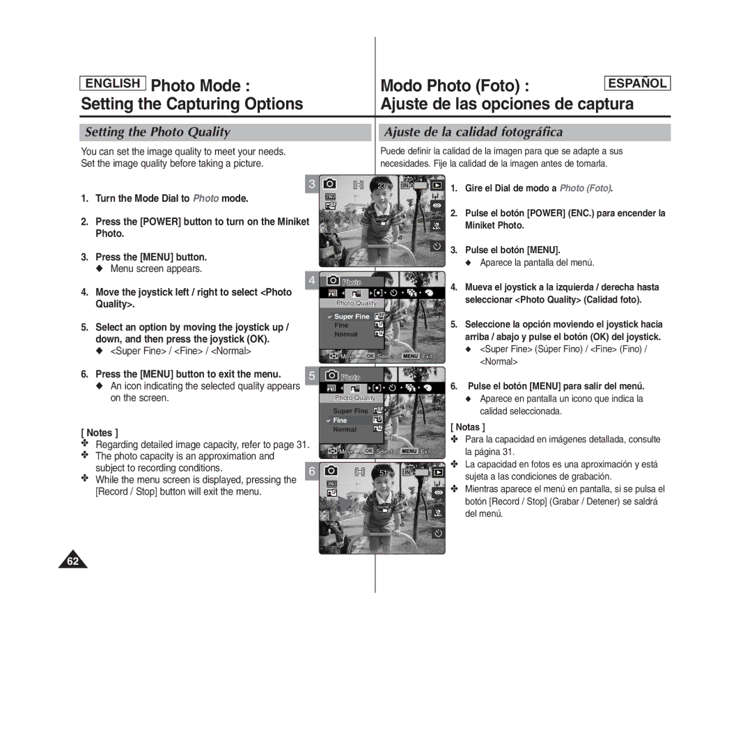 Samsung MS15(S/BL/R), MS11(S/BL/R) Setting the Photo Quality, Ajuste de la calidad fotográfica, Super Fine / Fine / Normal 