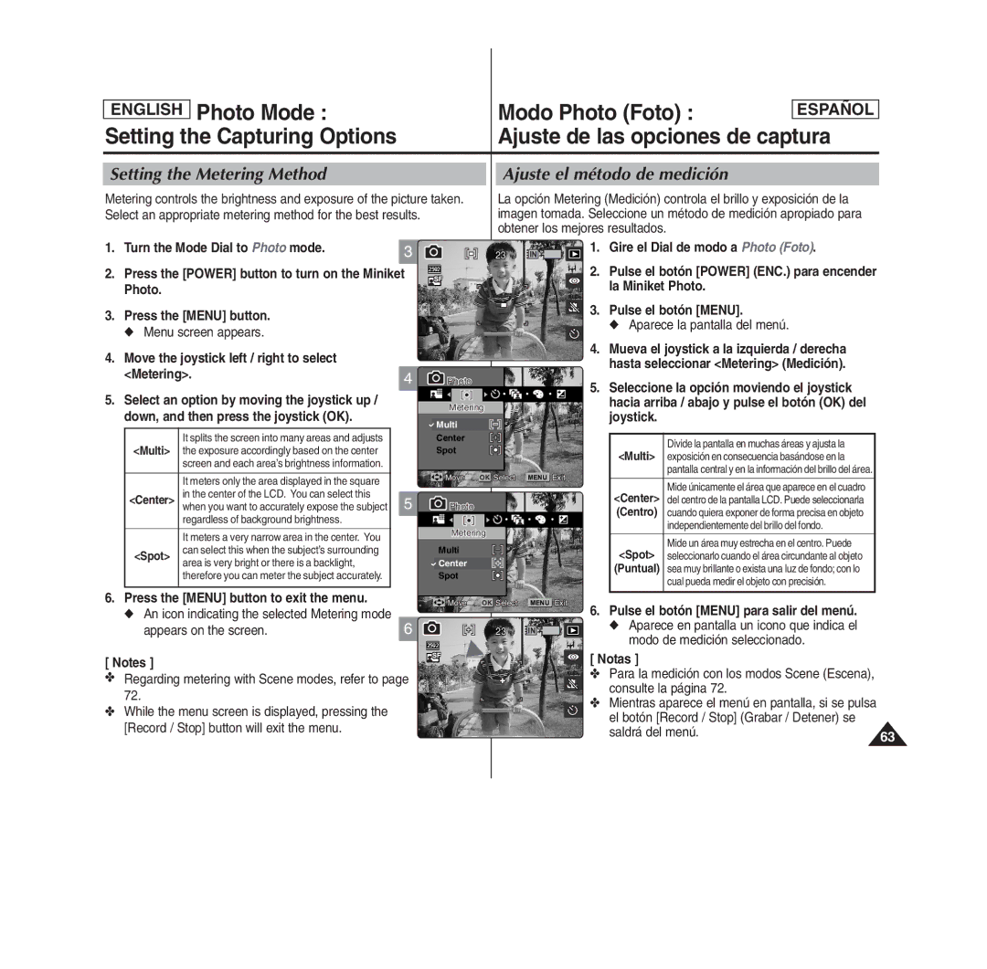 Samsung SC- MS10(S/BL/R), MS11(S/BL/R), MS15(S/BL/R) manual Setting the Metering Method Ajuste el método de medición 