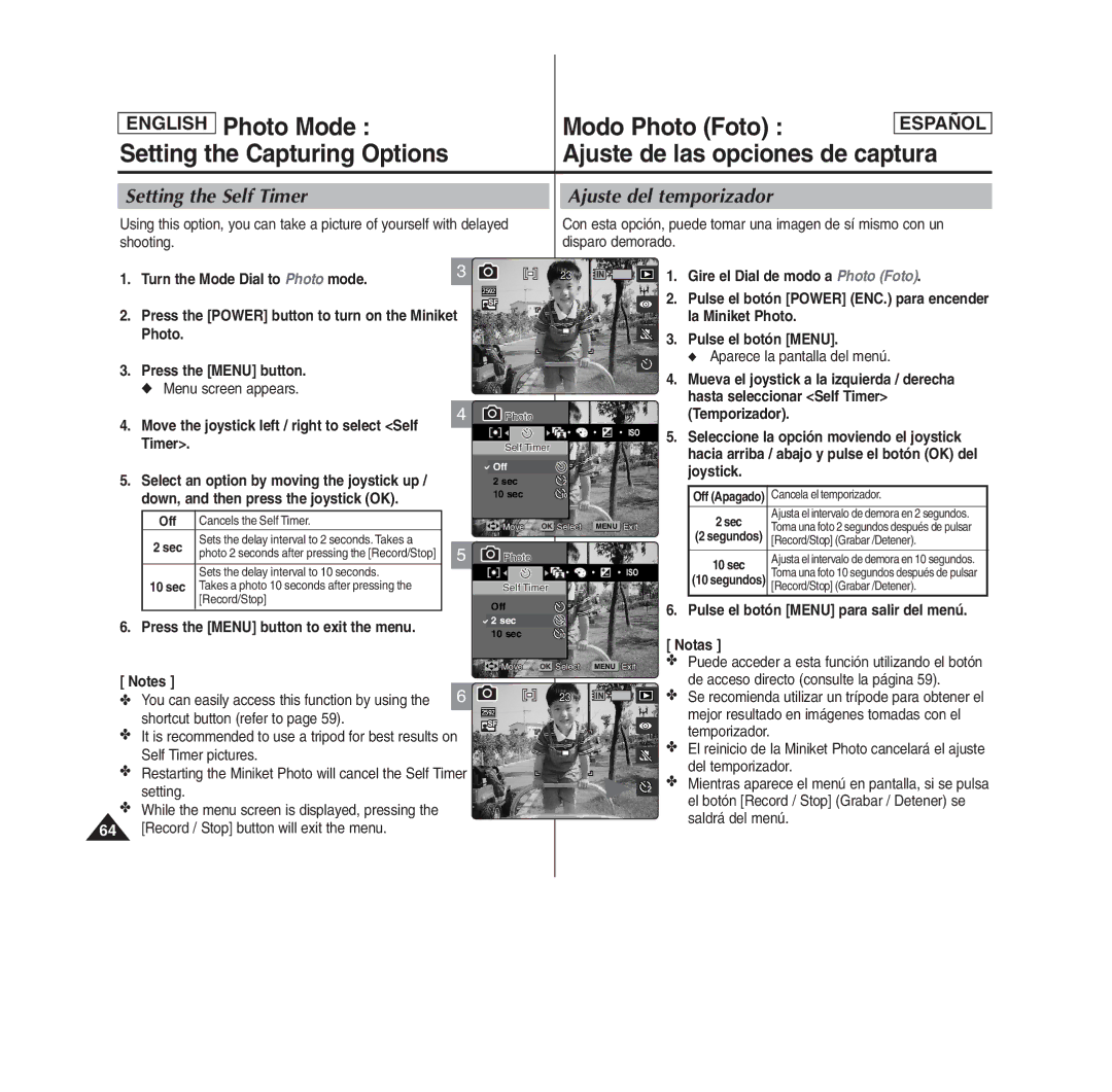 Samsung MS11(S/BL/R), SC- MS10(S/BL/R) manual Setting the Capturing Options, Setting the Self Timer Ajuste del temporizador 