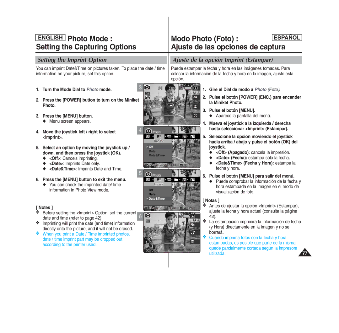 Samsung MS15(S/BL/R) manual Setting the Imprint Option, Ajuste de la opción Imprint Estampar, Date and time refer to 