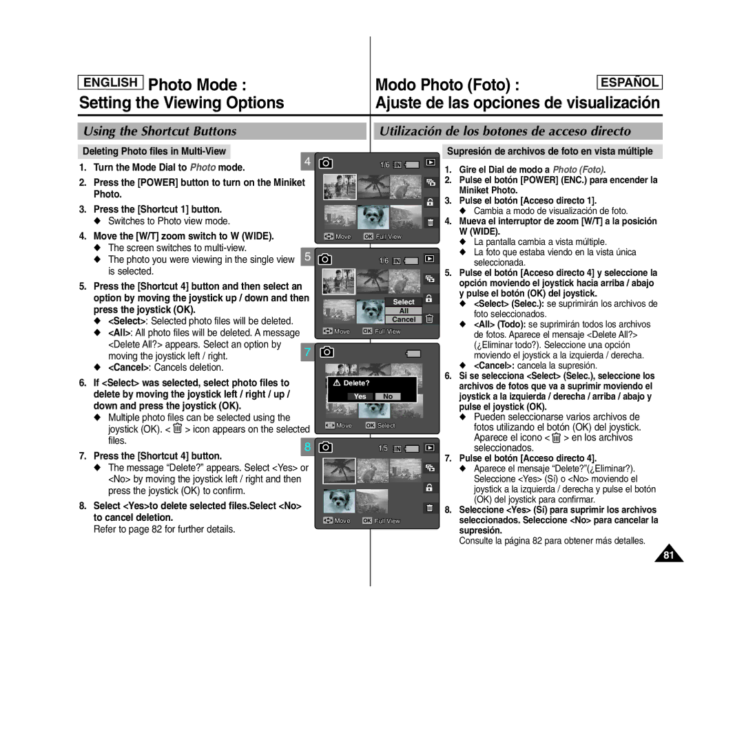 Samsung SC- MS10(S/BL/R) manual Move the W/T zoom switch to W Wide, Select Selected photo files will be deleted, Files 