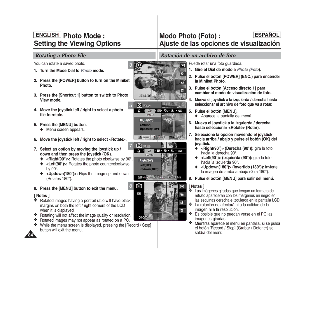 Samsung SC- MS10(S/BL/R), MS11(S/BL/R) Rotating a Photo File Rotación de un archivo de foto, You can rotate a saved photo 