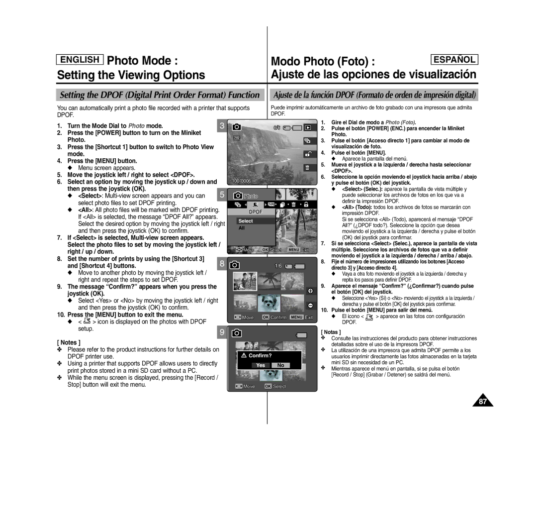 Samsung SC- MS10(S/BL/R), MS11(S/BL/R) Photo Mode, Modo Photo Foto, Setting the Dpof Digital Print Order Format Function 