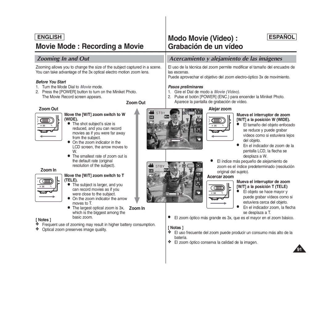 Samsung MS11(S/BL/R), SC- MS10(S/BL/R), MS15(S/BL/R) manual A la posición W Wide, Move the W/T zoom switch to T, Acercar zoom 