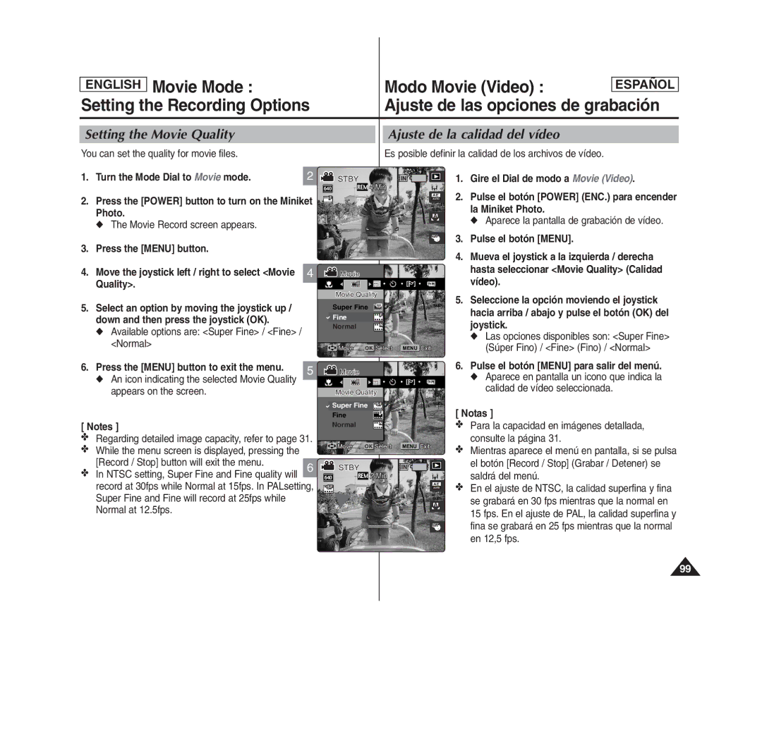 Samsung SC- MS10(S/BL/R), MS11(S/BL/R), MS15(S/BL/R) manual Setting the Movie Quality, Ajuste de la calidad del vídeo 