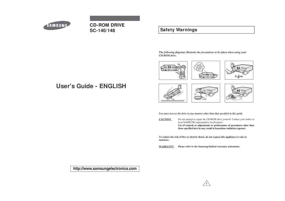 Samsung warranty CD-ROM Drive SC-140/148, Safety Warnings 