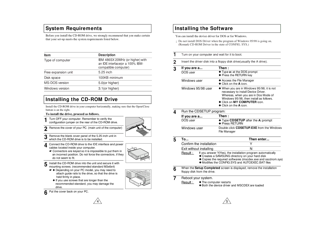 Samsung SC-140 warranty System Requirements, Installing the CD-ROM Drive, Installing the Software 