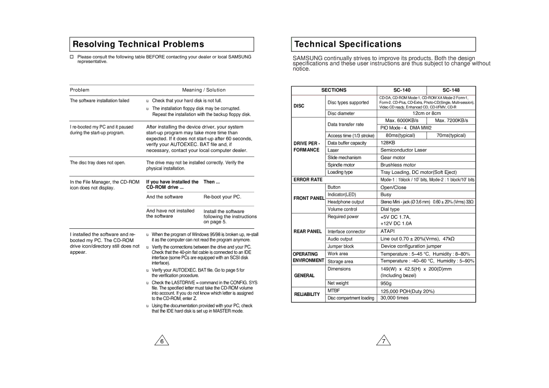 Samsung SC-140 warranty Resolving Technical Problems, Technical Specifications 