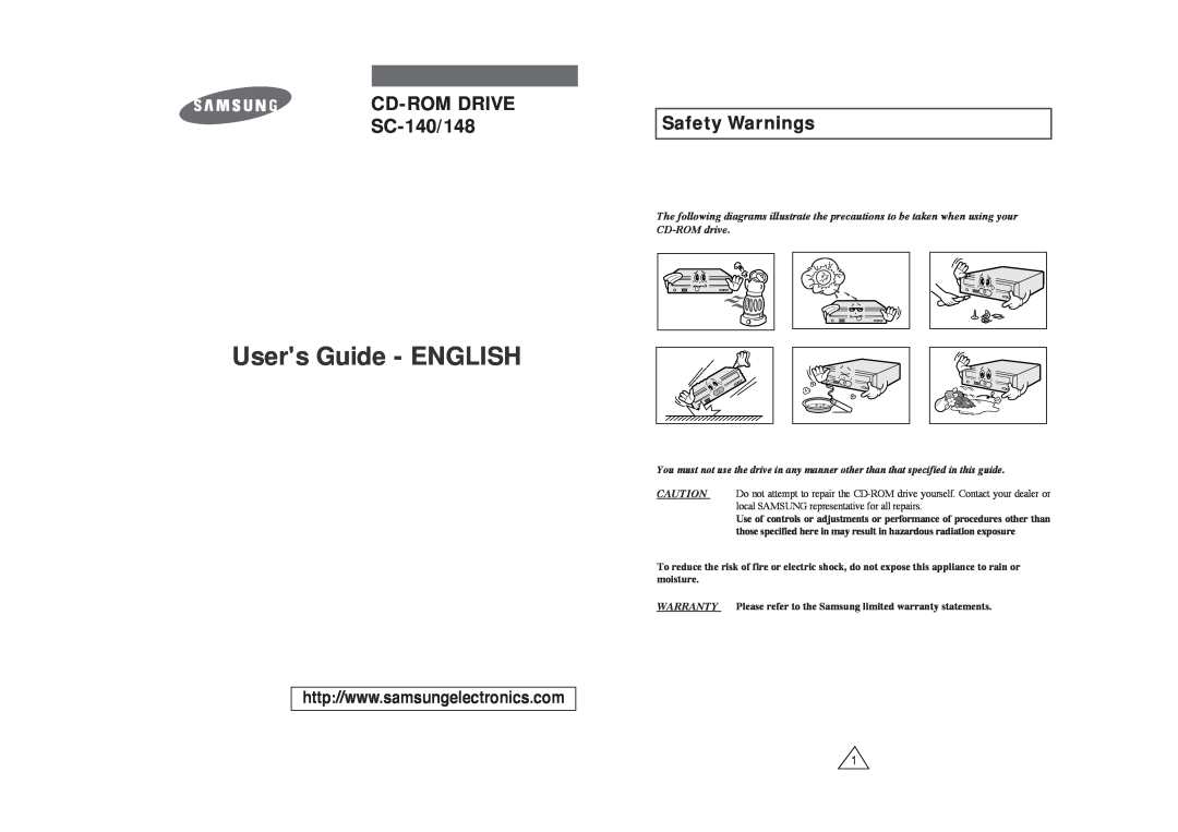 Samsung warranty Safety Warnings, Users Guide - ENGLISH, CD-ROM DRIVE SC-140/148, CD-ROM drive 