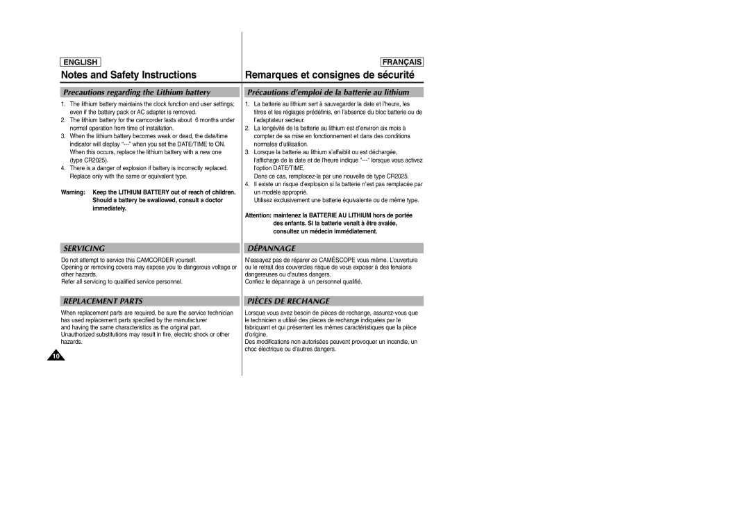 Samsung SC-D103 manual Precautions regarding the Lithium battery, Précautions d’emploi de la batterie au lithium 