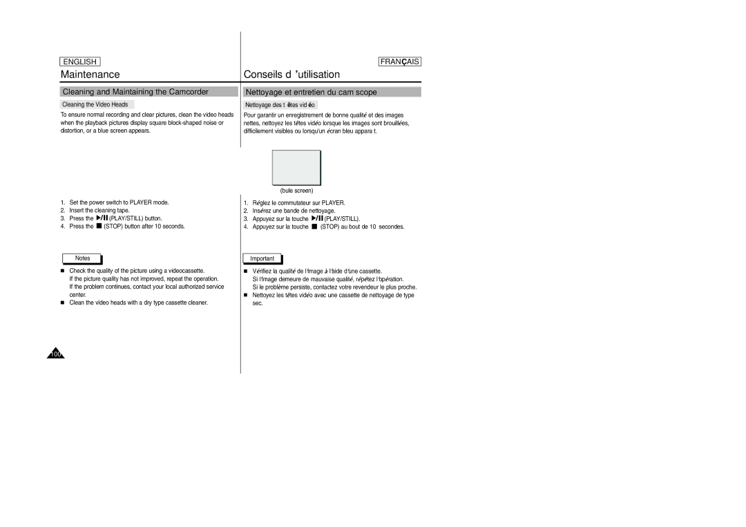 Samsung SC-D103 manual Maintenance Conseils d’utilisation, Cleaning the Video Heads Nettoyage des têtes vidéo 